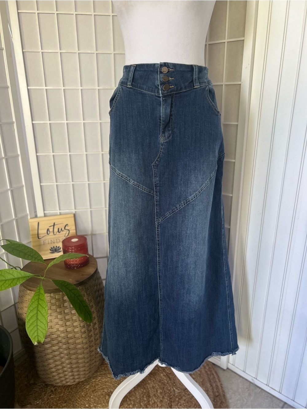 Wash Lab High-Waisted Denim Maxi Skirt Triple Button Raw Hem Boho